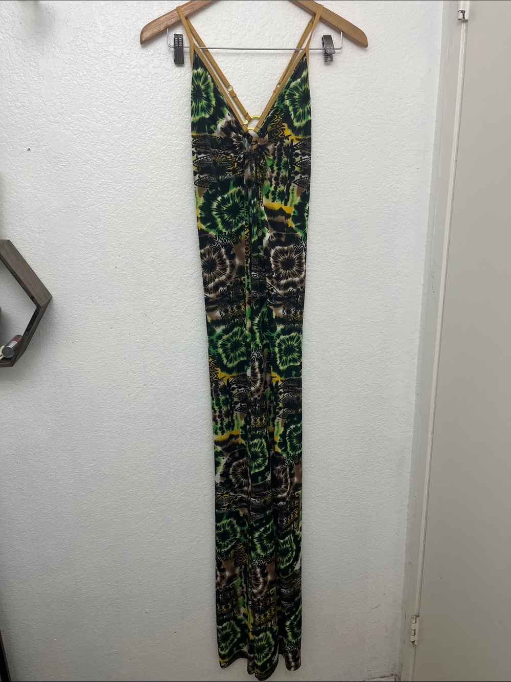 Green & Black Tie-Dye Maxi Dress with Yellow Accents